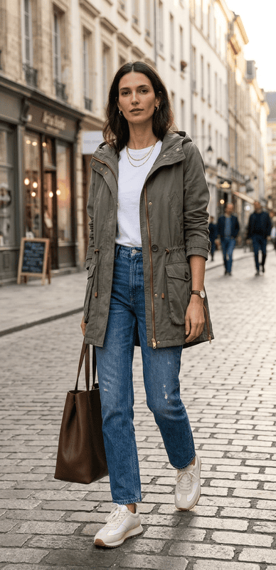 Woman in olive hooded utility parka with jeans