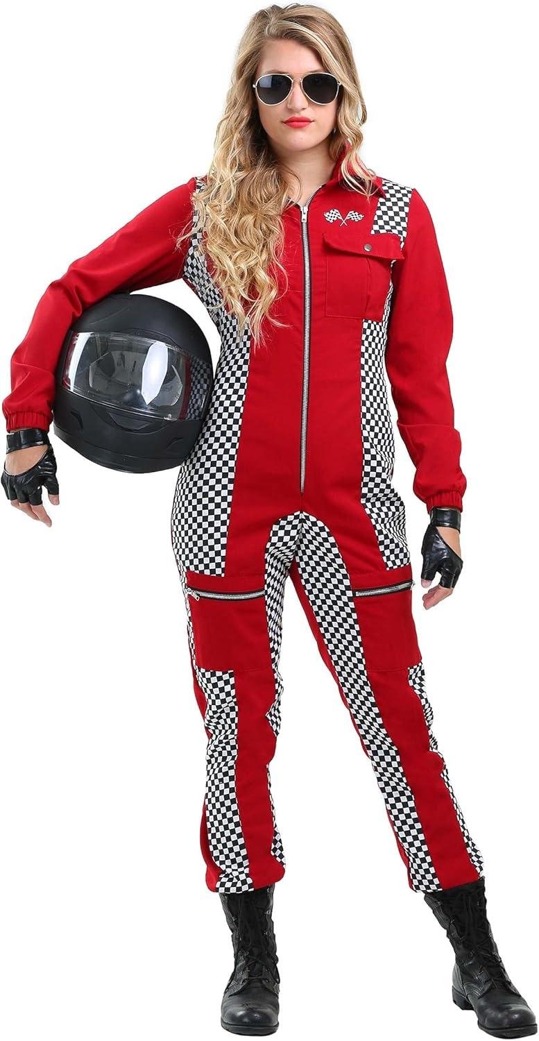 Woman in red F1 racecar driver costume with racing suit