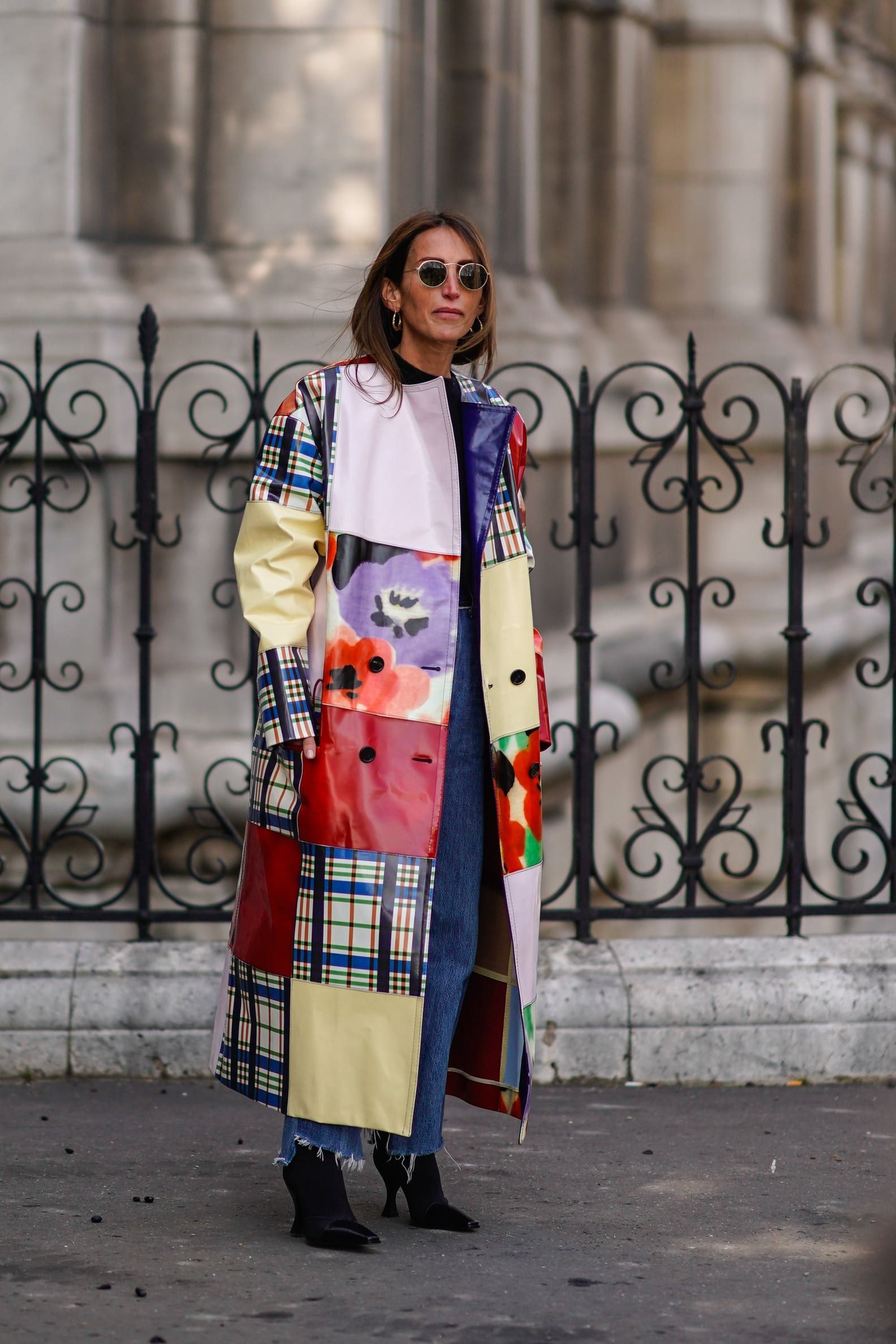 Woman in colorful patterned coat fall maximalist outfit