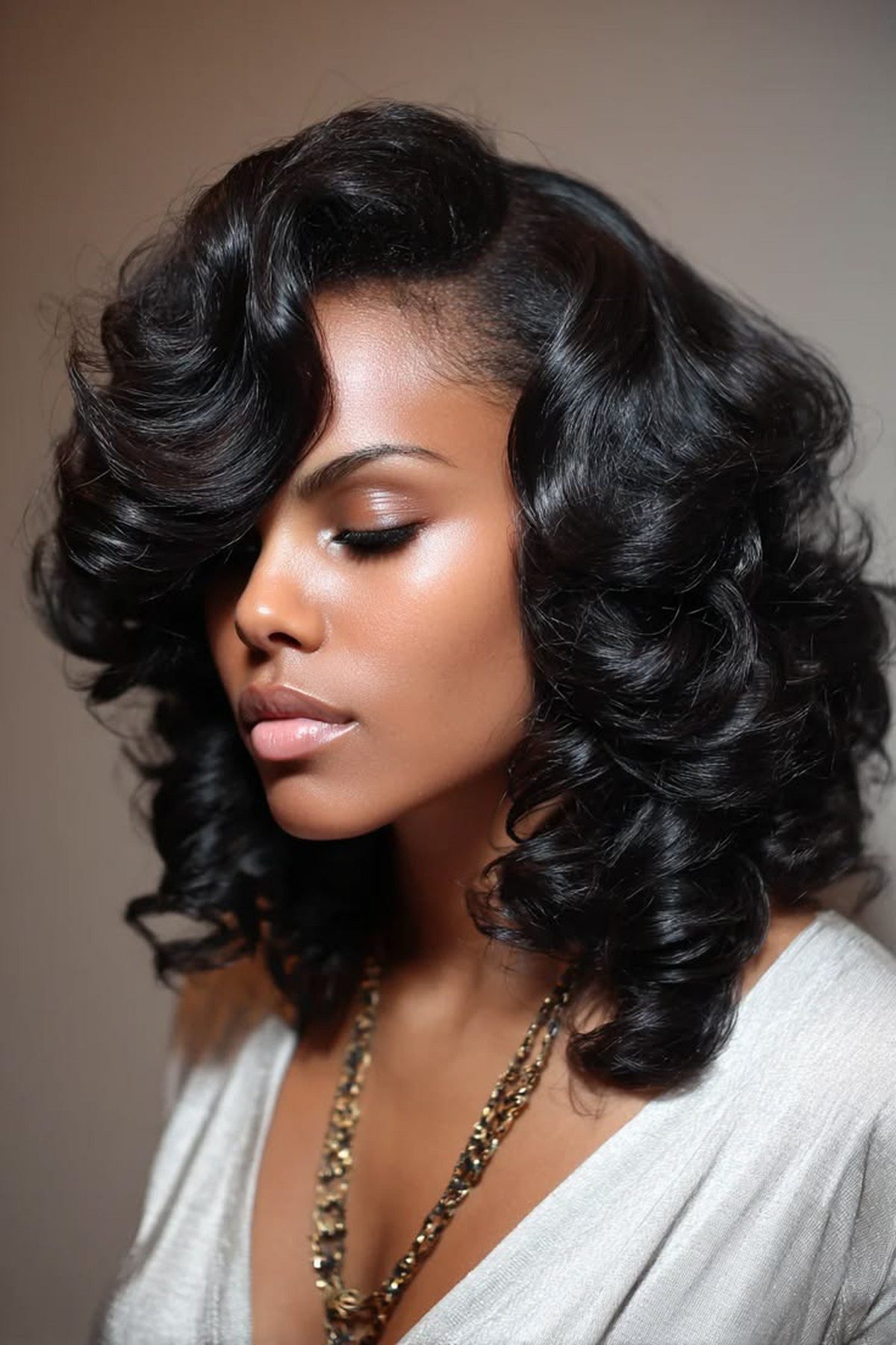 Black woman with a silk pressed hairstyle with curls