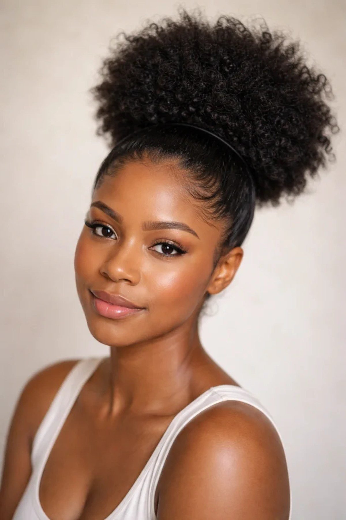 Black woman with a high puff on natural hair