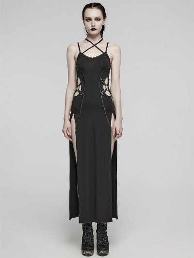 Woman in a black maxi dress with a thigh slit