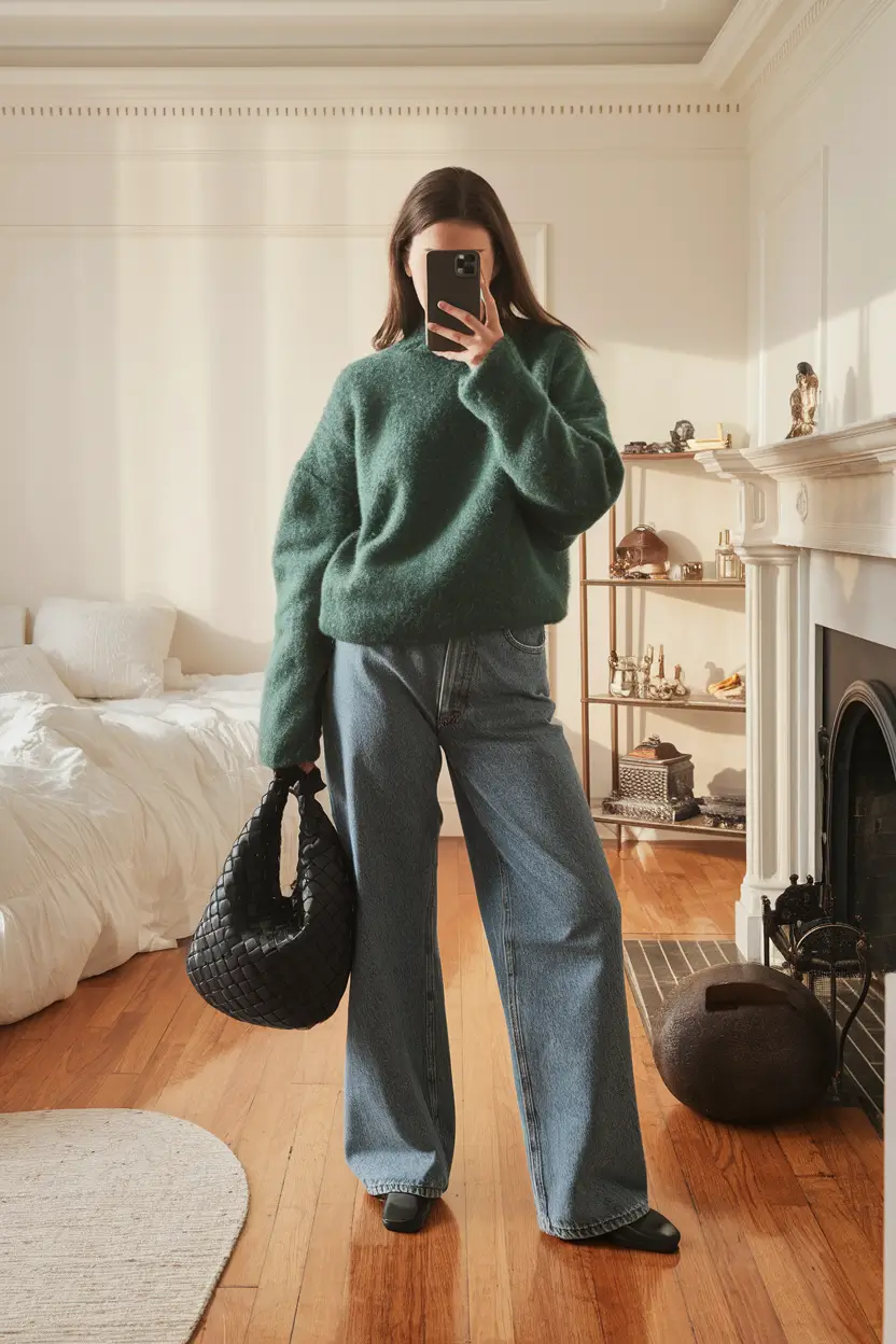 Oversized fisherman sweater with wide leg jeans fall