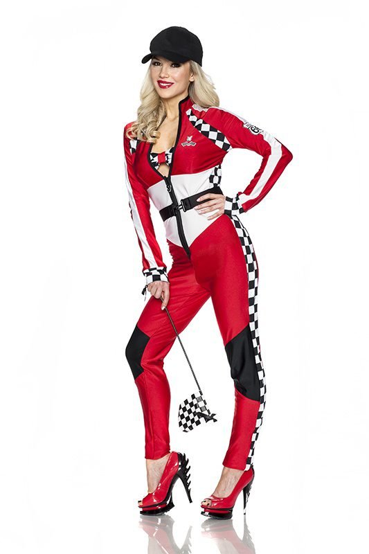 Woman in retro 70s racing jumpsuit costume