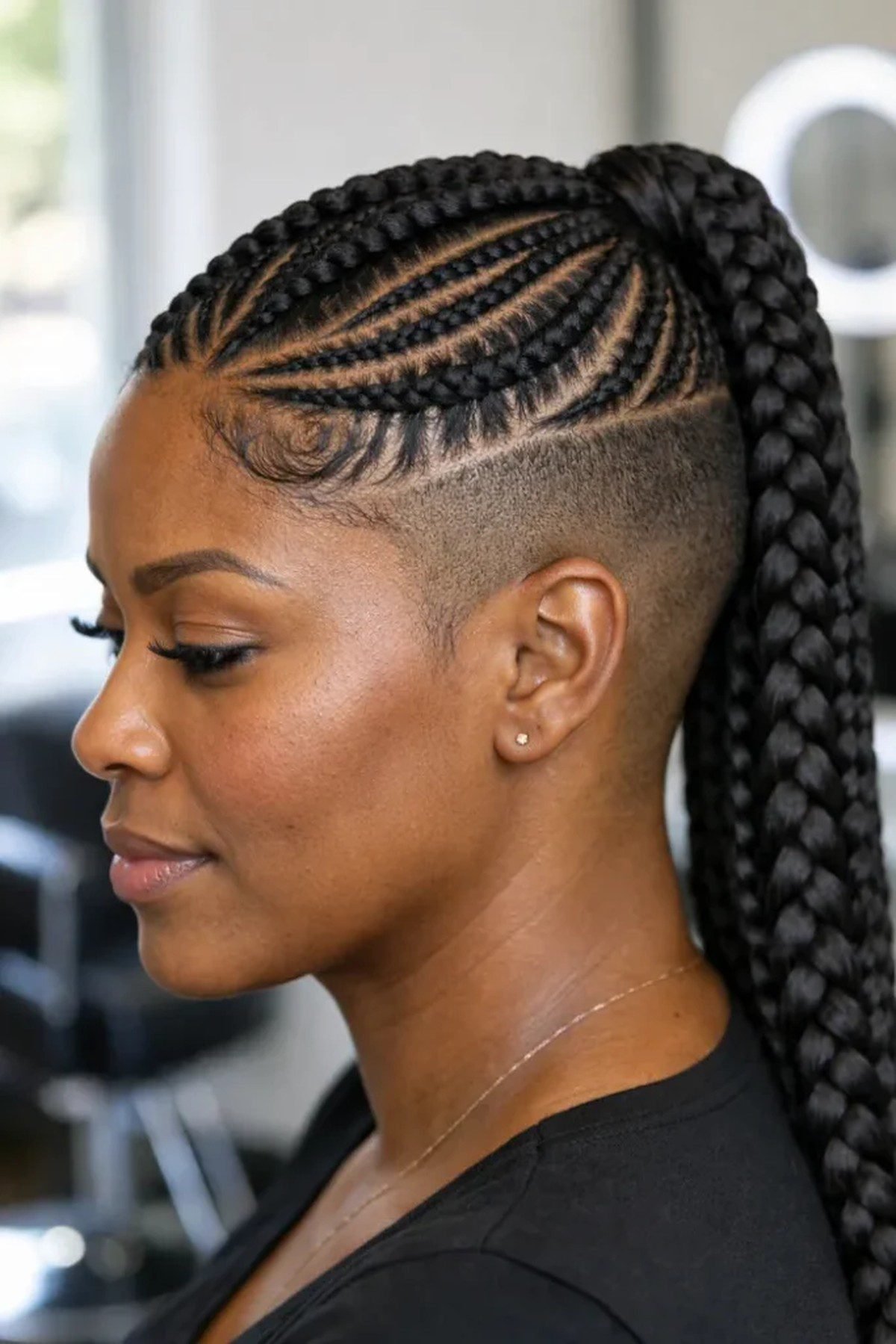 Black woman with a cornrow ponytail hairstyle