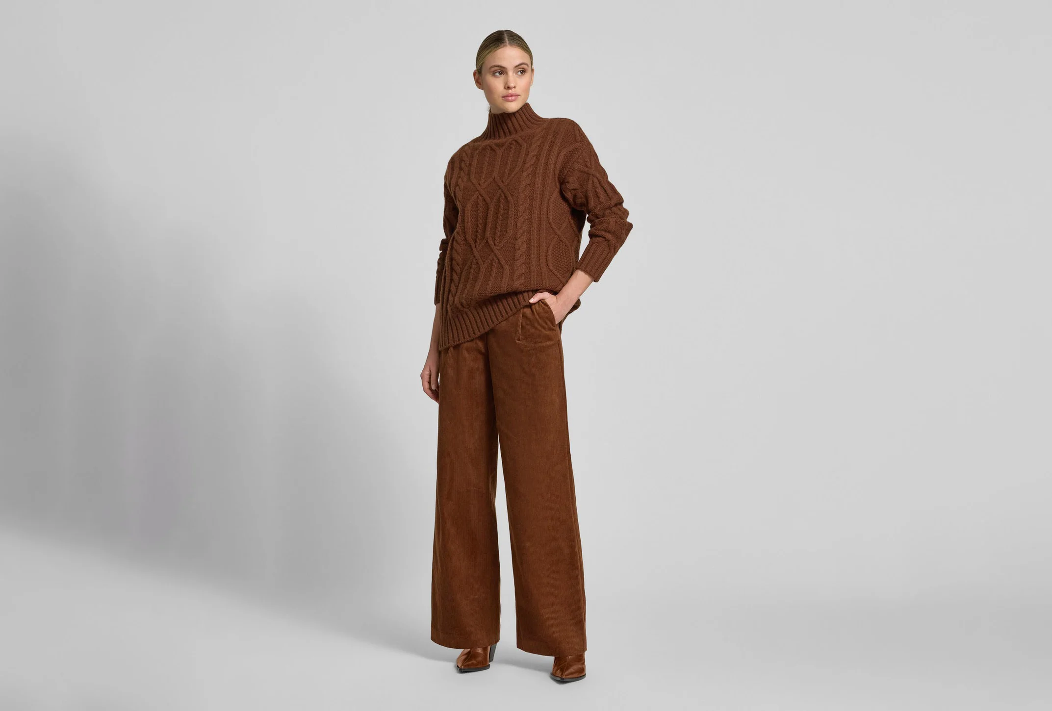Oversized cable knit sweater with corduroy pants fall