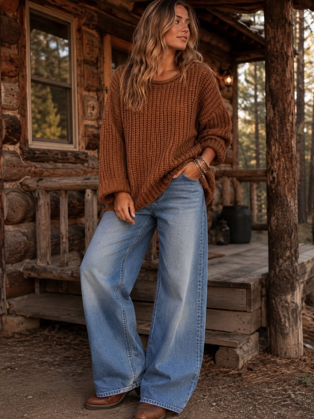 Oversized sweater half tucked into mom jeans fall outfit