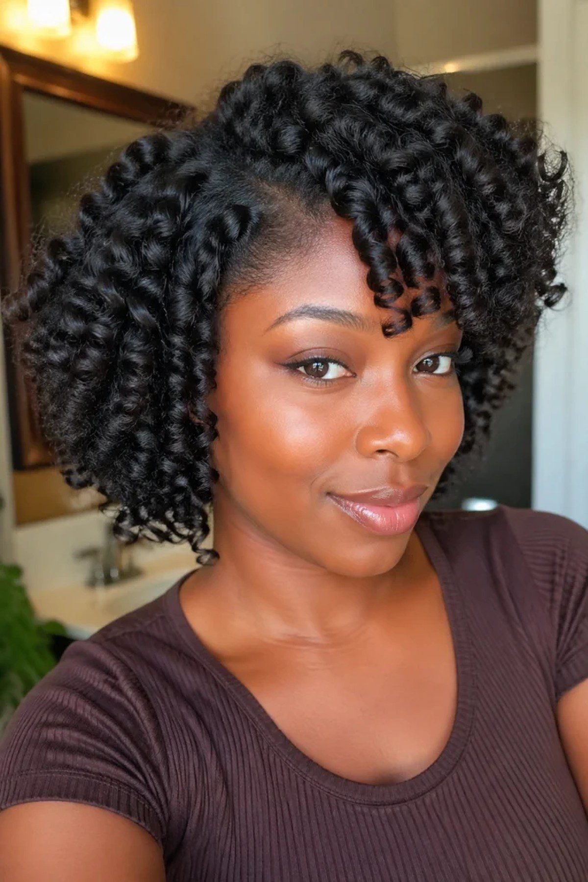 Black woman with flexi rod curls on natural hair