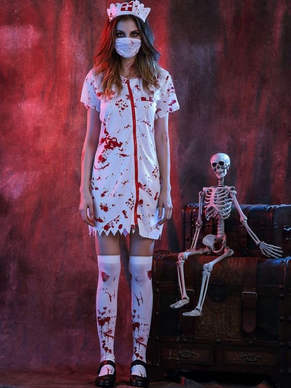 Woman in a nurse baddie Halloween costume with headband