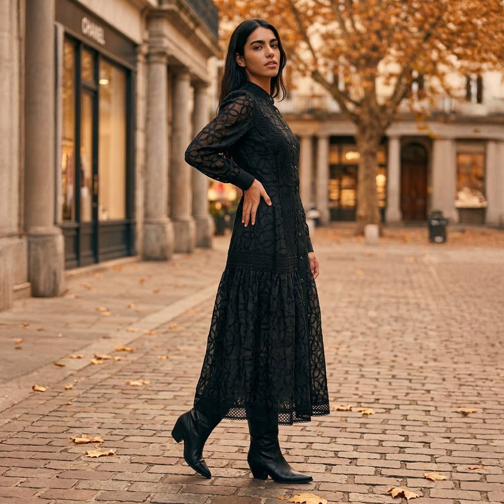 Black lace midi dress fall outfit