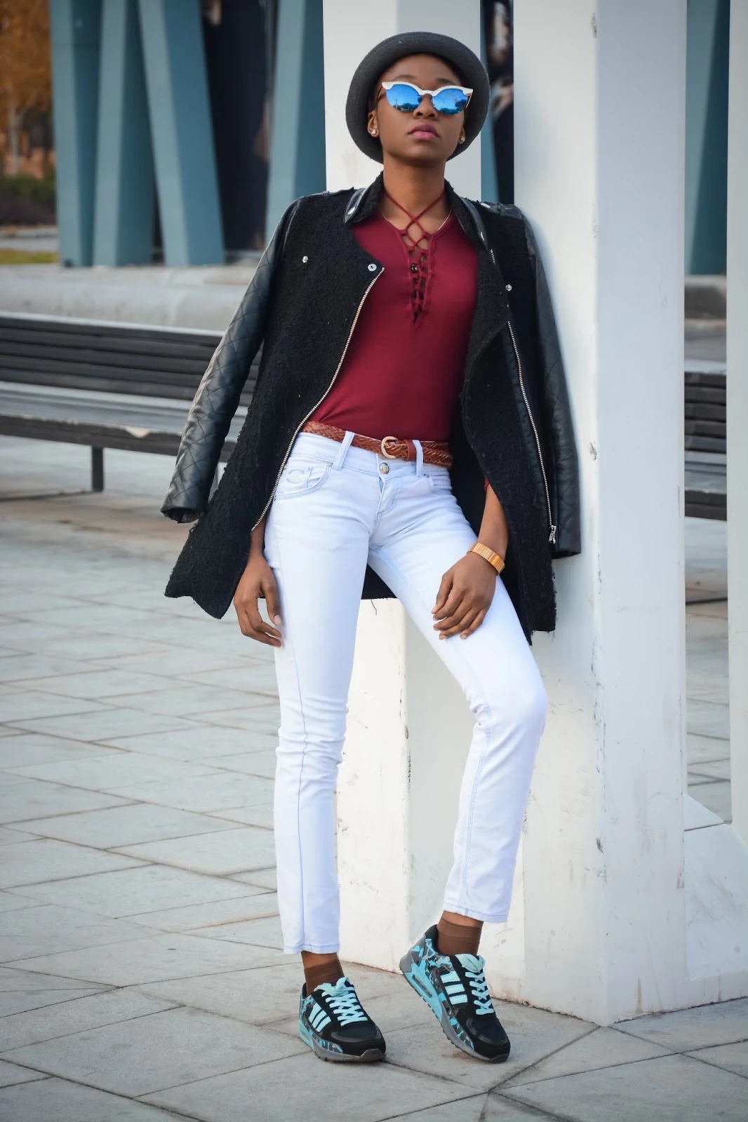 Lace up detail top fall outfit