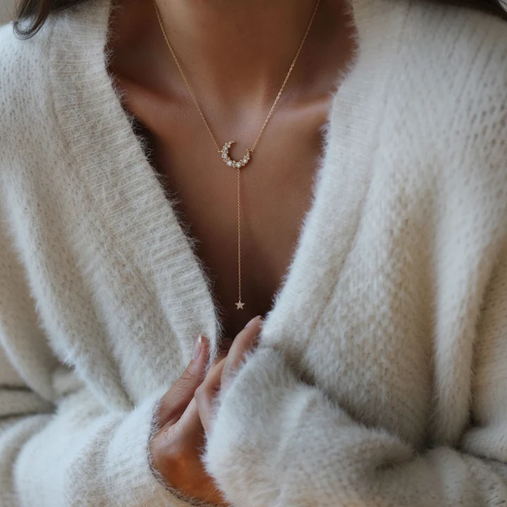 Woman wearing a cream knit sweater with a long celestial pendant necklace