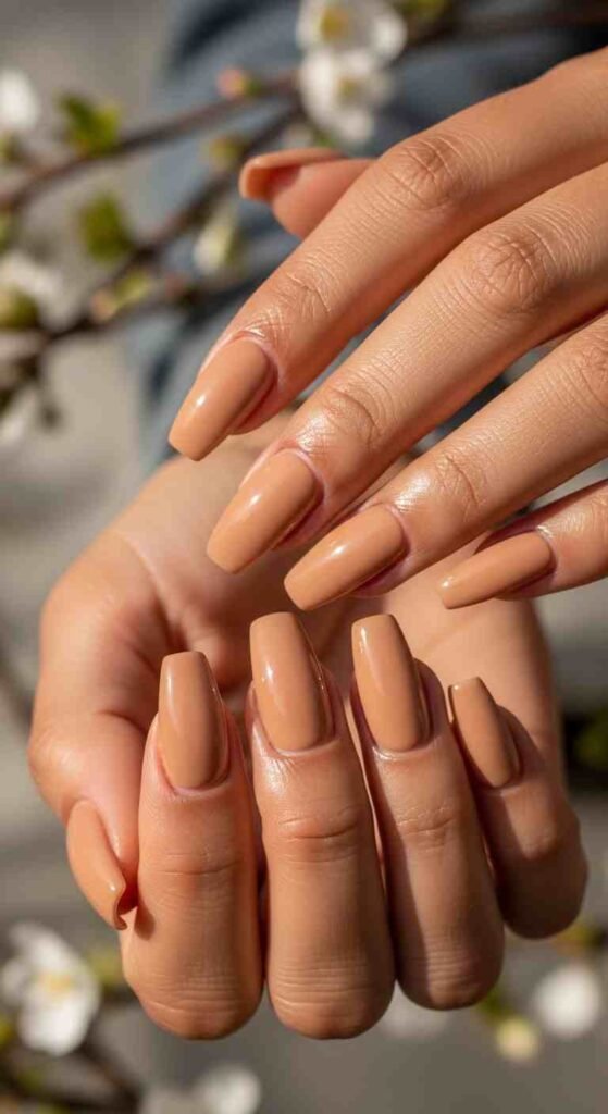 Classic caramel creme nail polish on warm skin tones