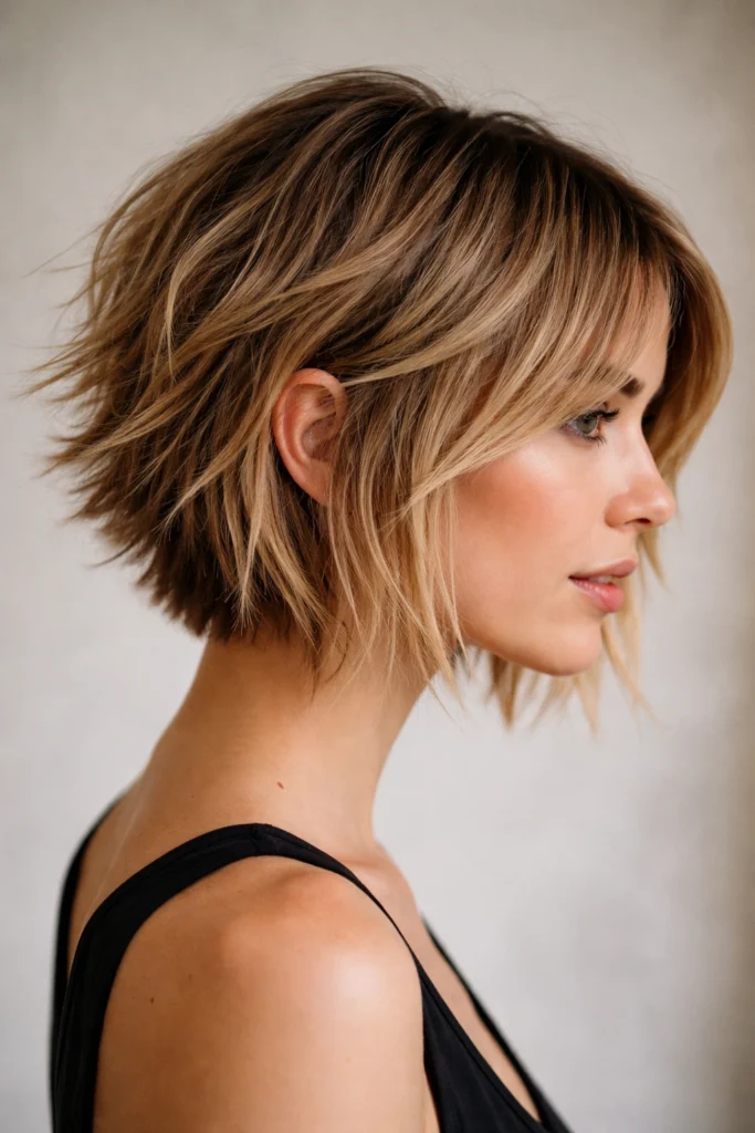 Piecey bob haircut brunette textured