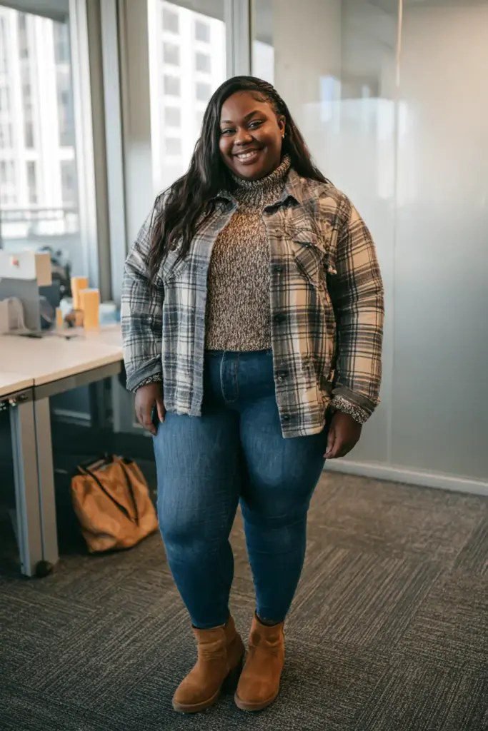 Plus size woman in plaid blazer with black turtleneck and jeans