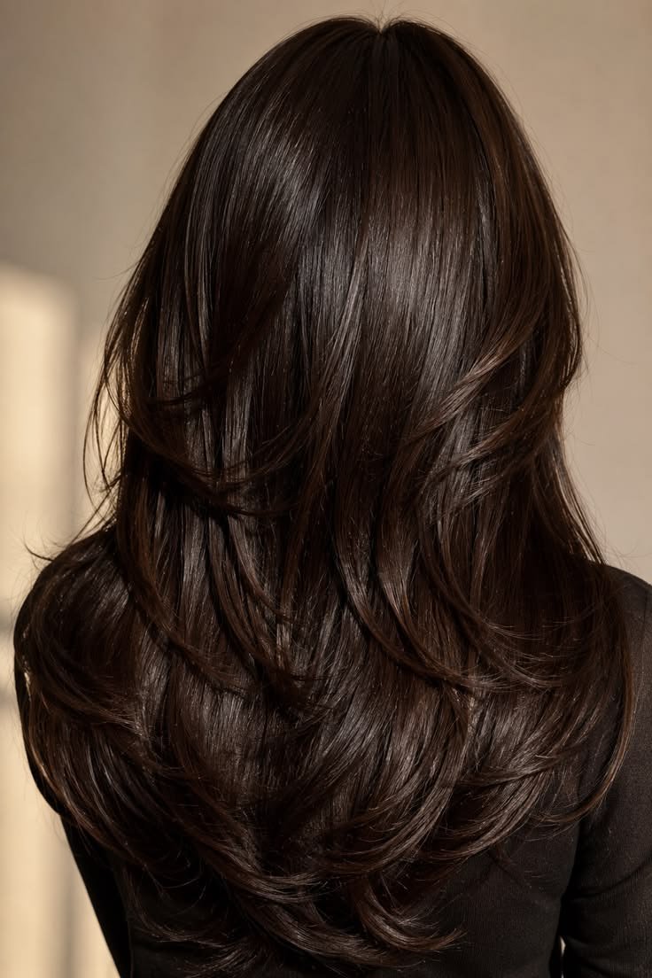 Layered silk press hair