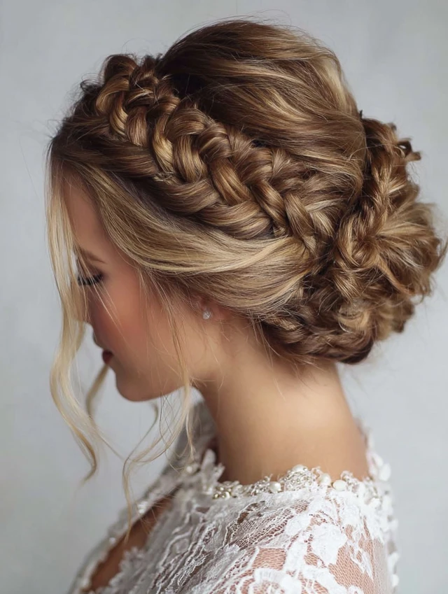 Braided crown updo for long hair homecoming