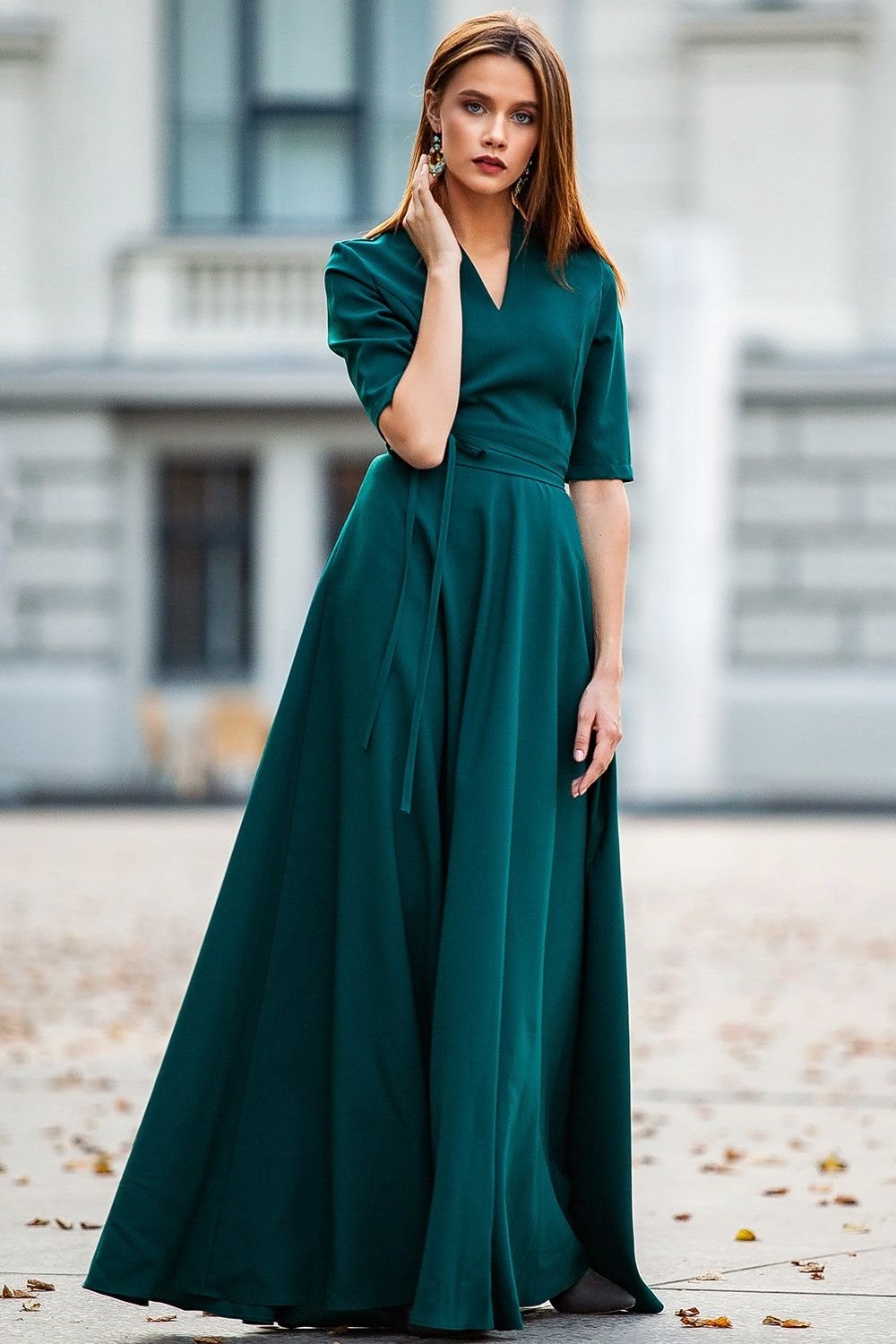 Emerald green wrap dress for holiday date night
