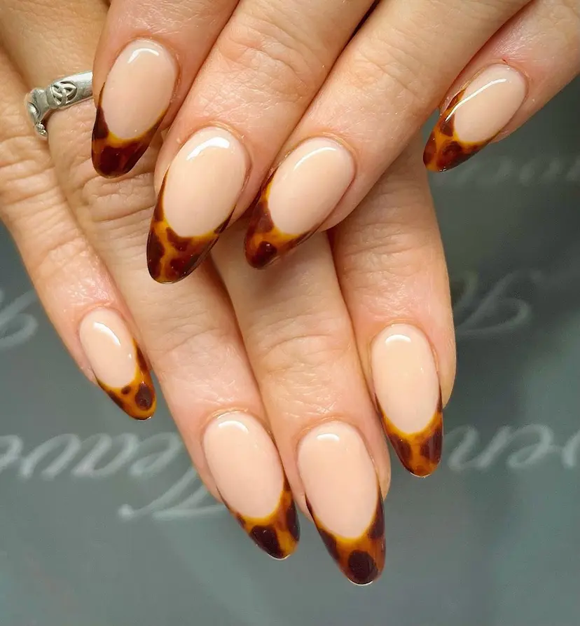 Caramel tortoise french tip nails
