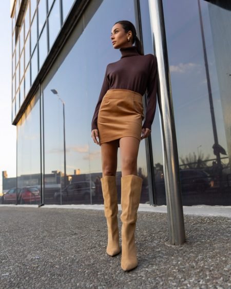Turtleneck with mini skirt and over the knee boots for date night