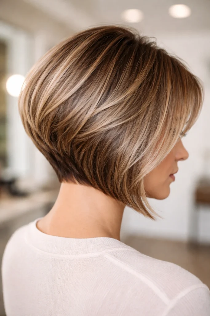 Inverted bob haircut stacked layers