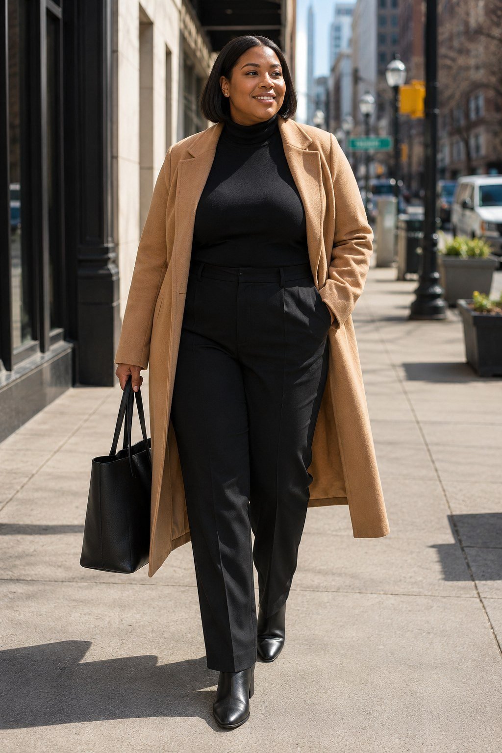Plus size woman in chocolate brown monochrome knit set office outfit