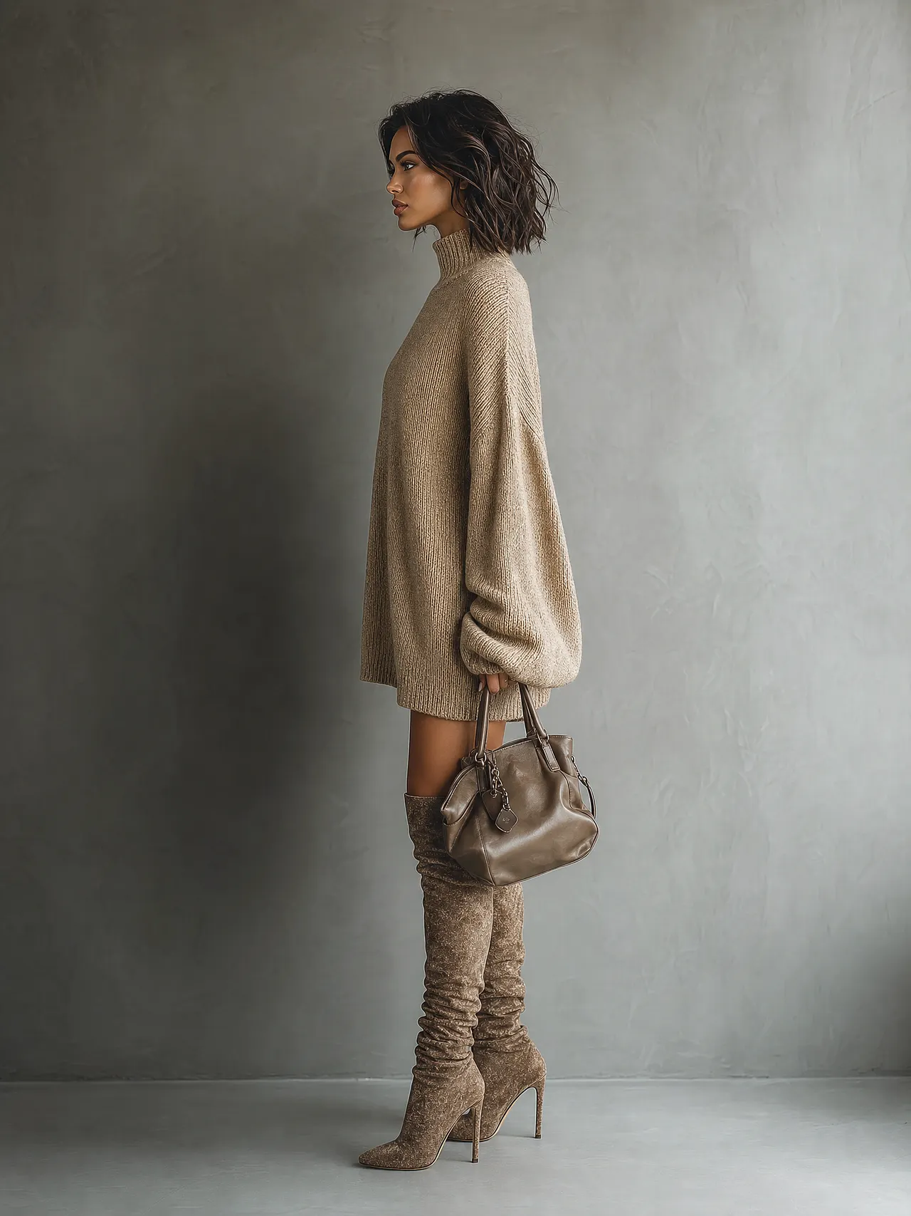 Sweater dress with heeled boots for holiday date night