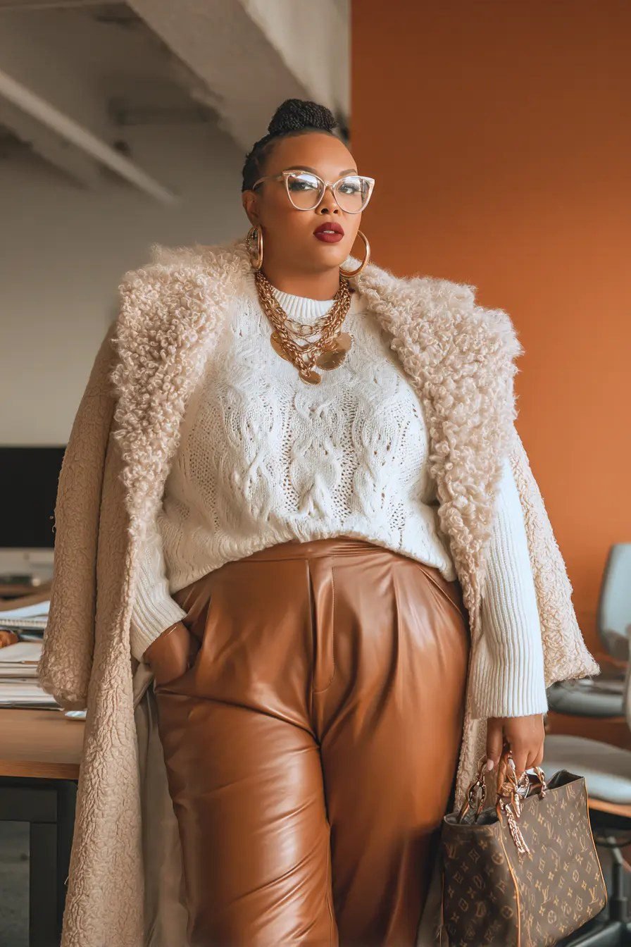 Plus size woman in black jumpsuit with colorful blazer office outfit