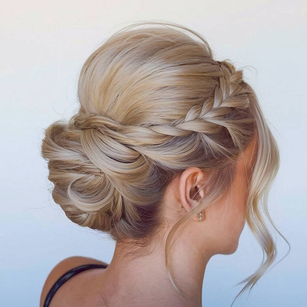 Elegant braided updo for prom long hair