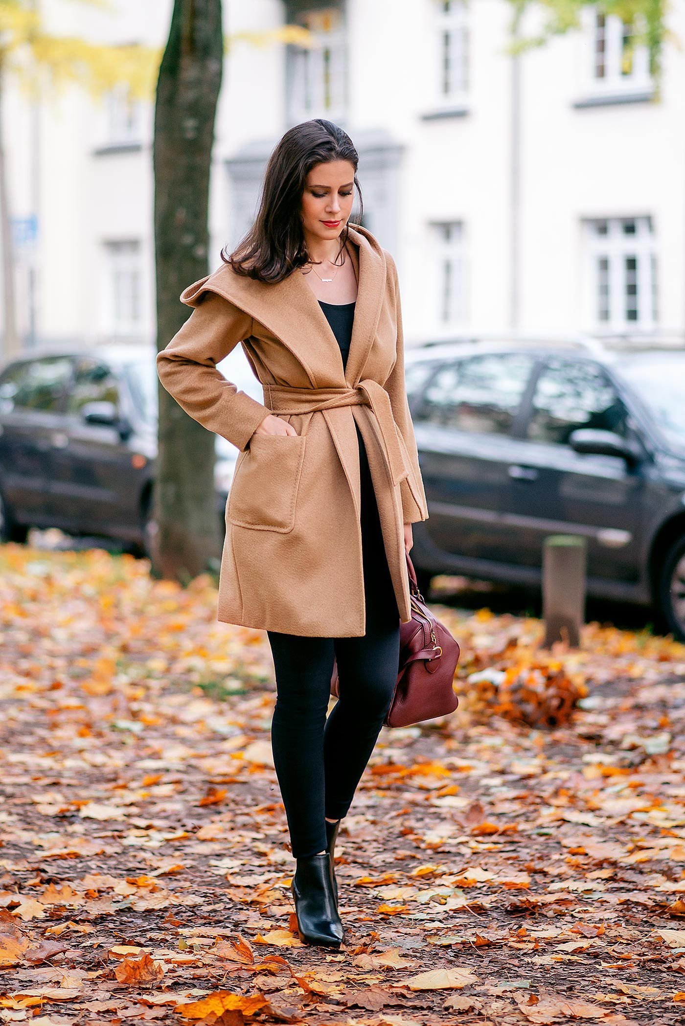 Pea Coat + Striped Dress + Tights - 25+ Fall Coat Outfits for Women 2026