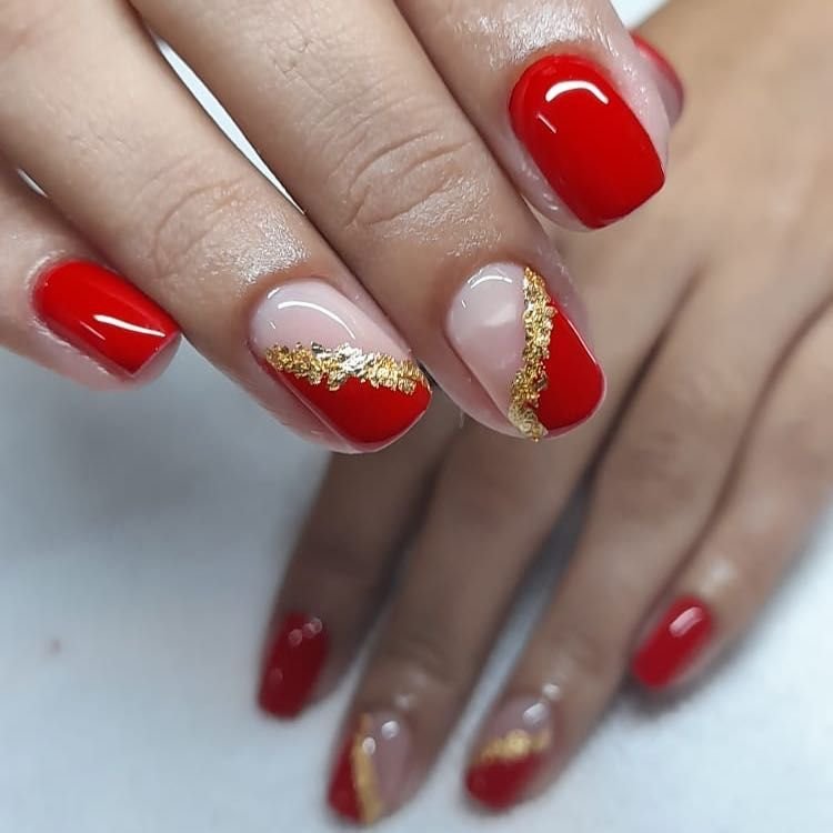 Red Nails Gold Foil Accent