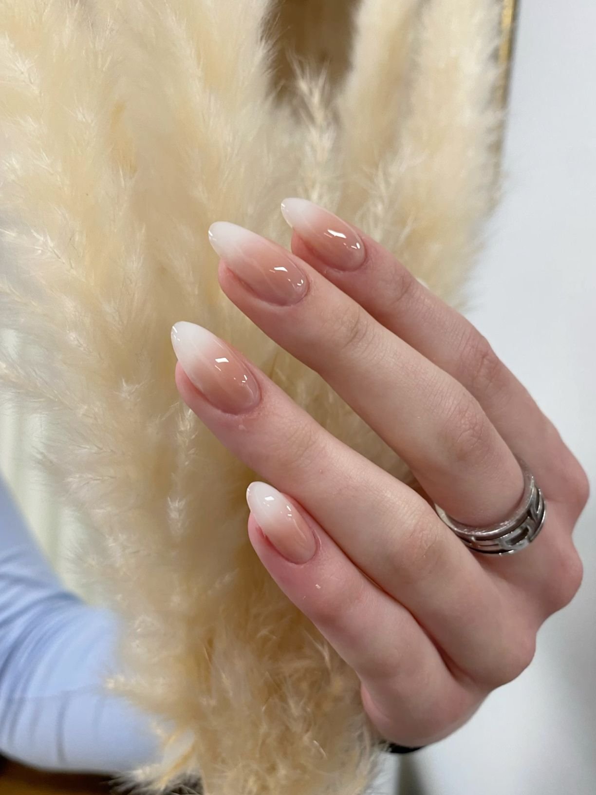 Warm nude ombre baby boomer nails for mature women