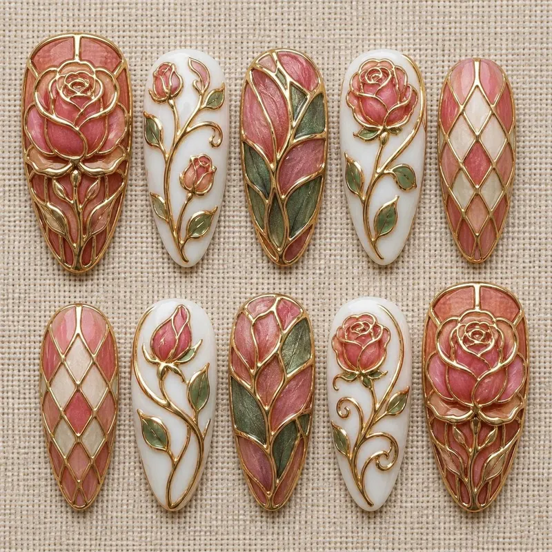 Antique rose nails with subtle stamped floral for mature women