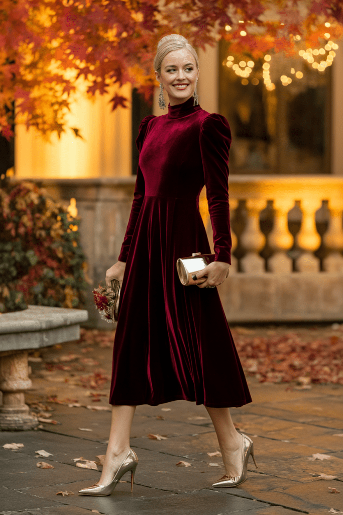 Woman in burgundy velvet midi dress