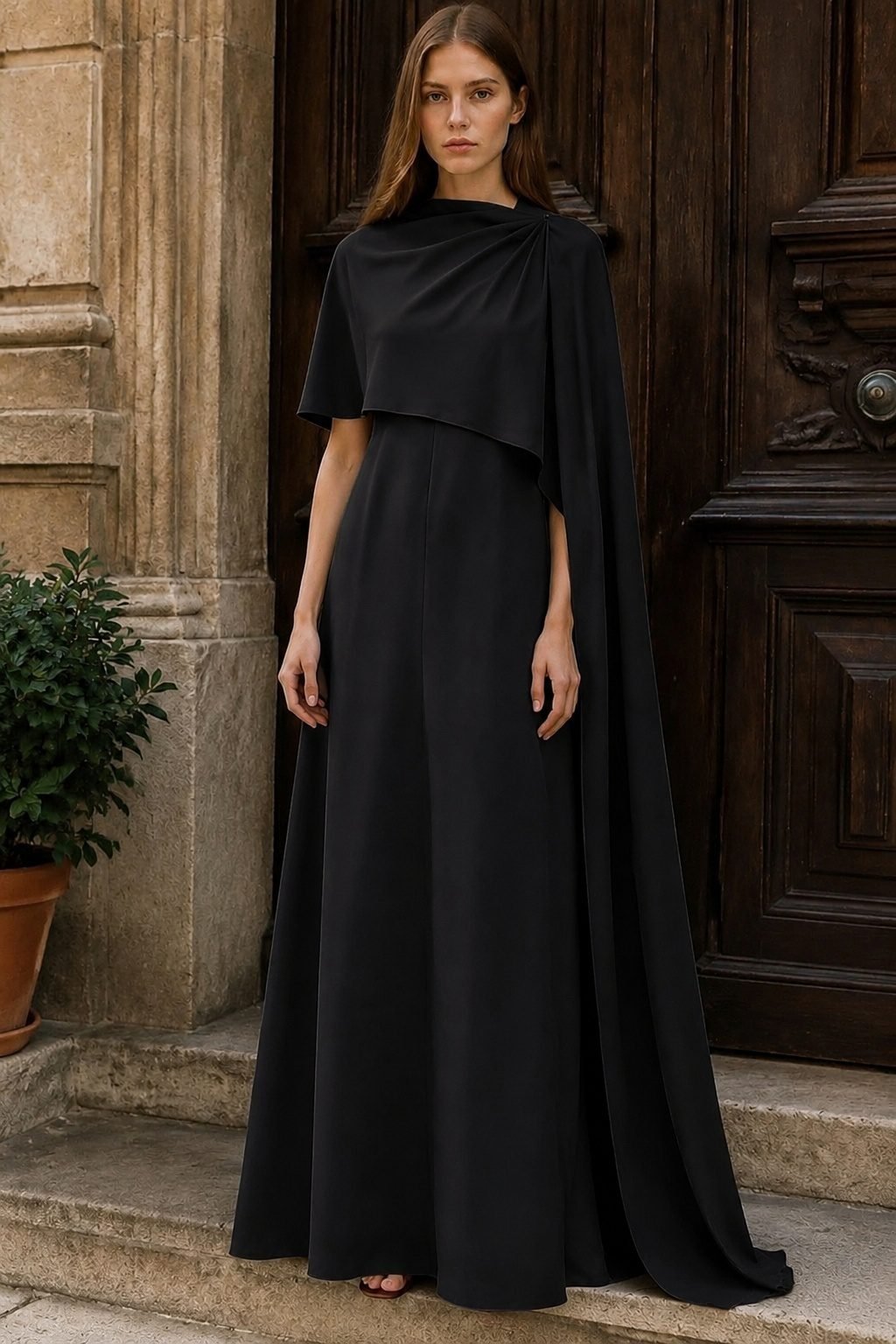 Woman in long black dress with wool cape