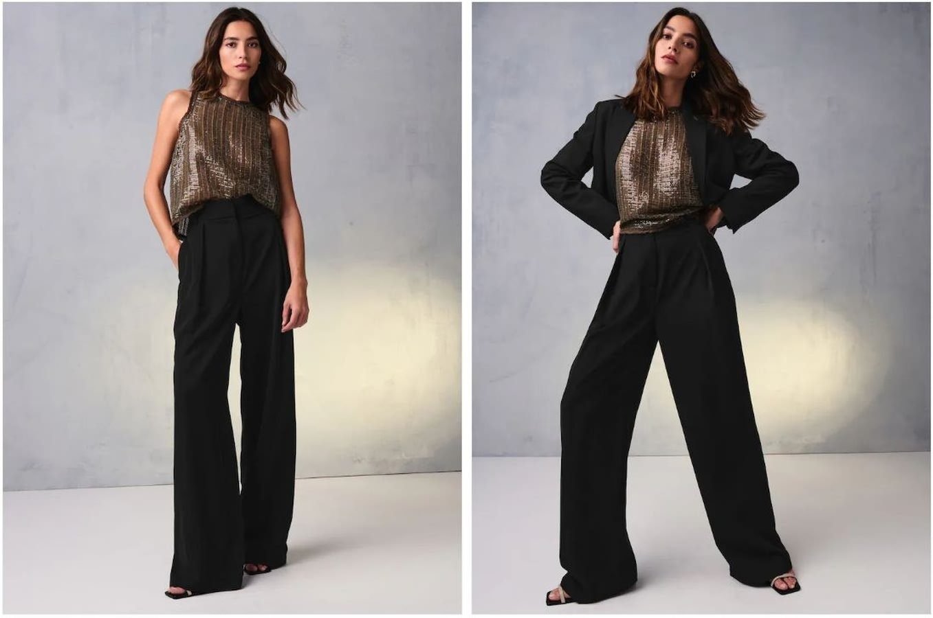 Woman wearing a sequined camisole top with tailored black trousers