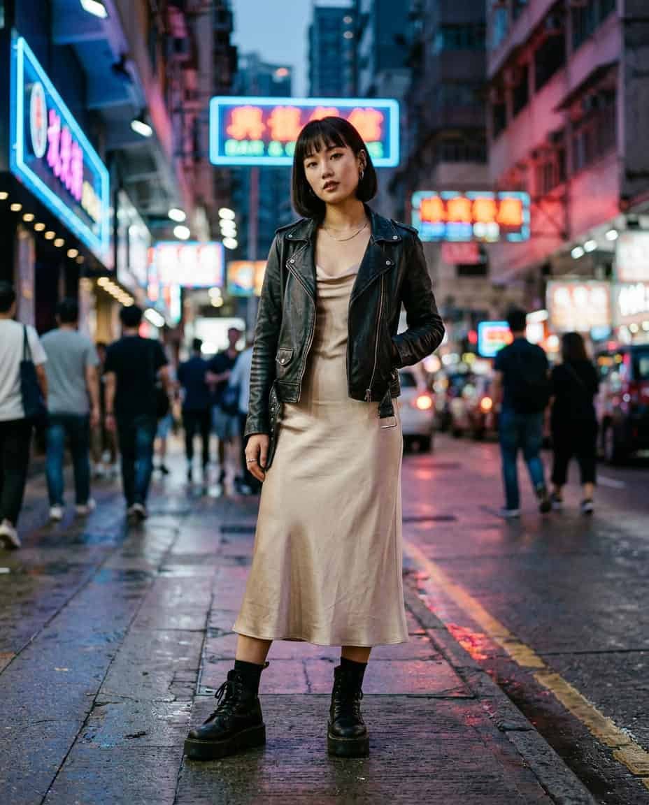 Slip dress with moto jacket and ankle boots