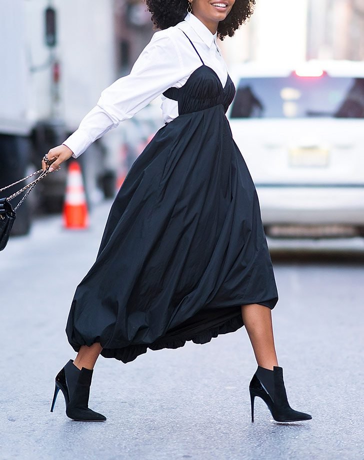 Black dress with pointed toe ankle boots