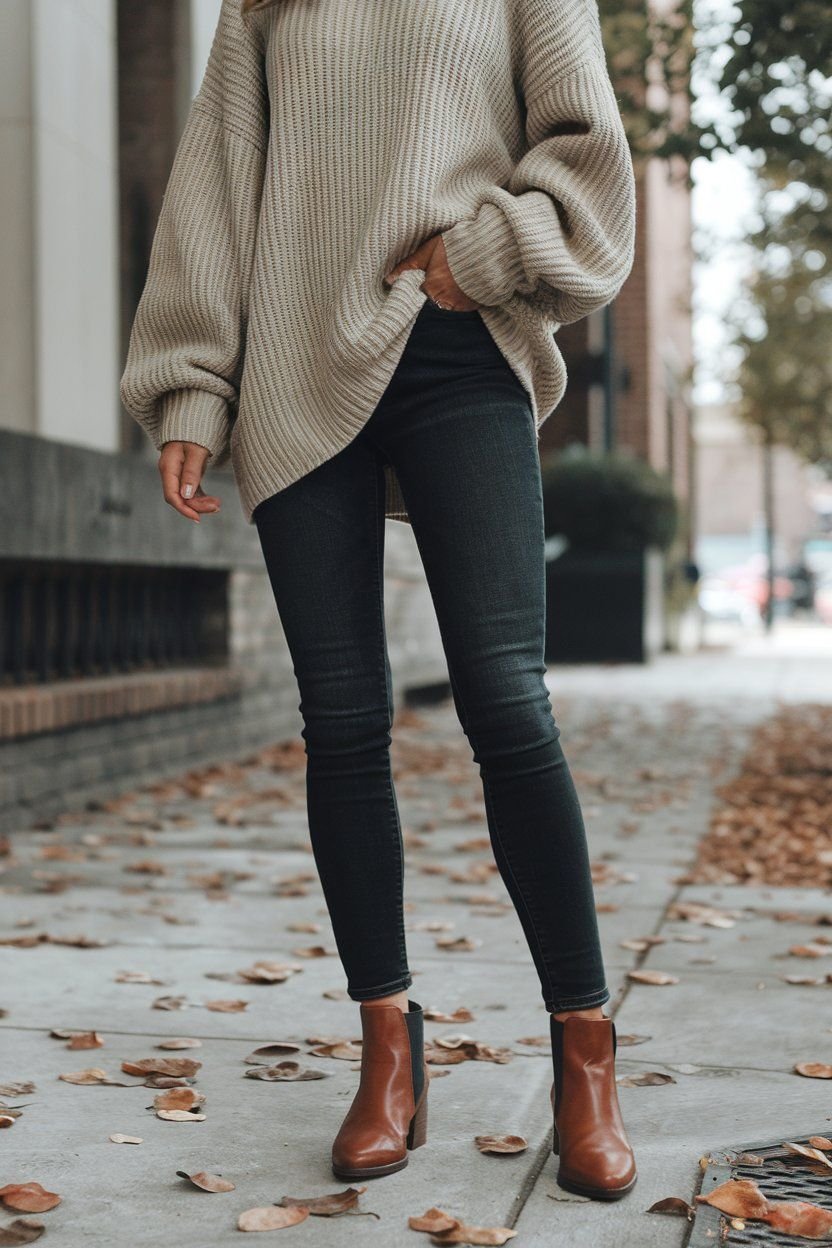 Casual denim with cozy knit and ankle boots