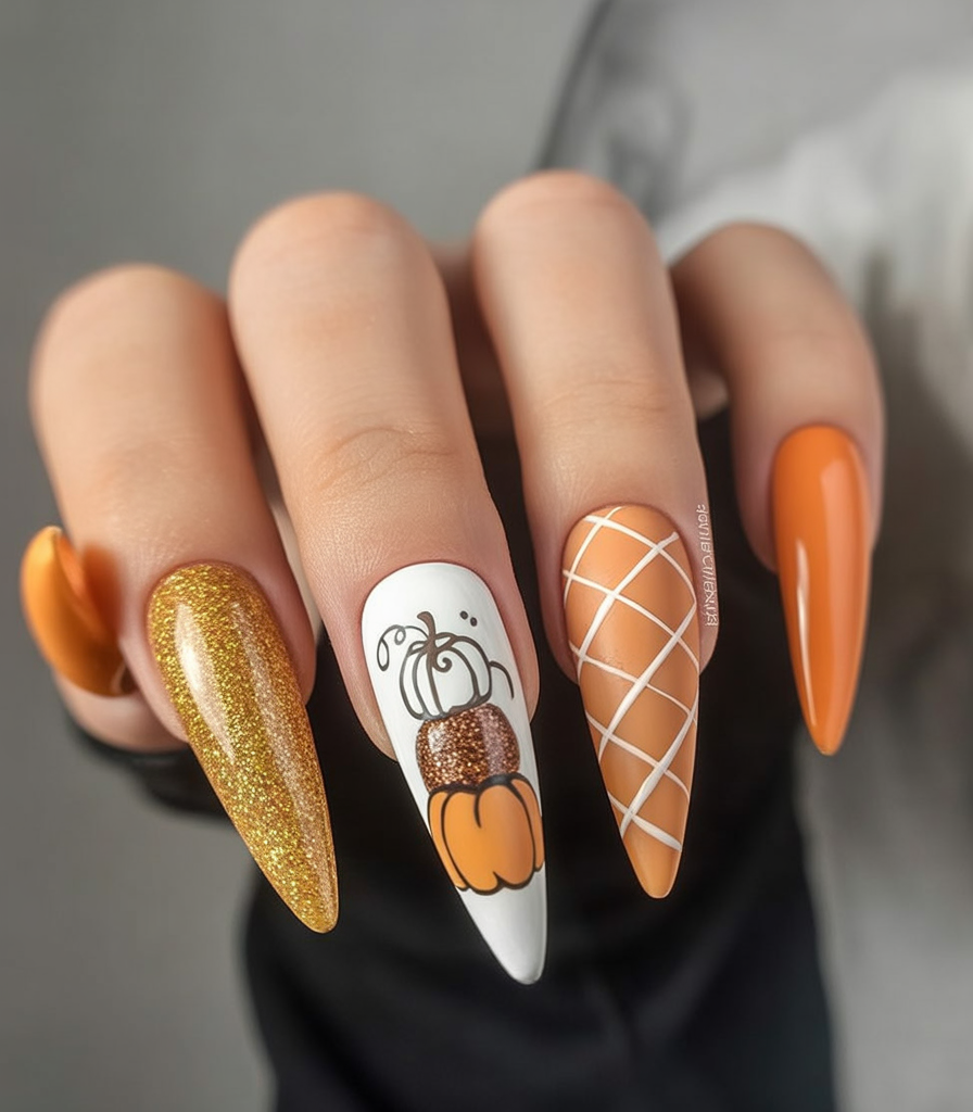 Orange stiletto nails with pumpkin nail art