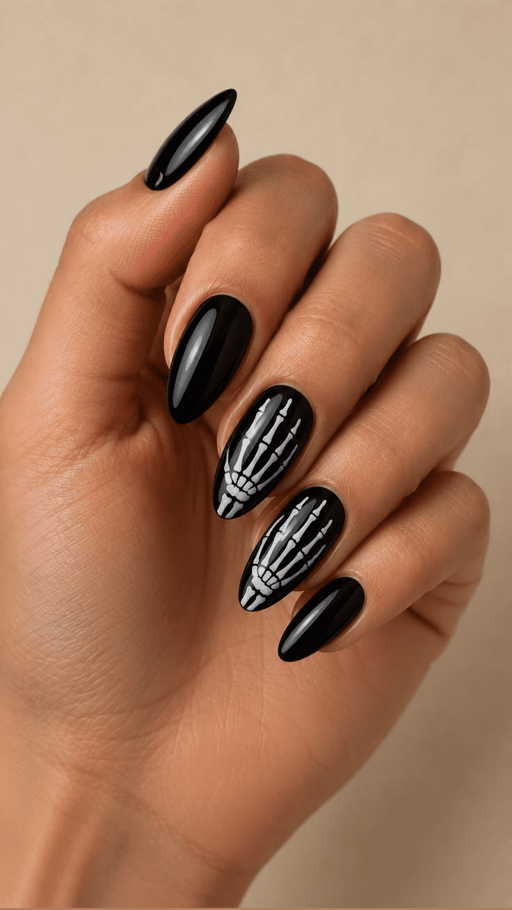 Skeleton hand nail art on stiletto nails