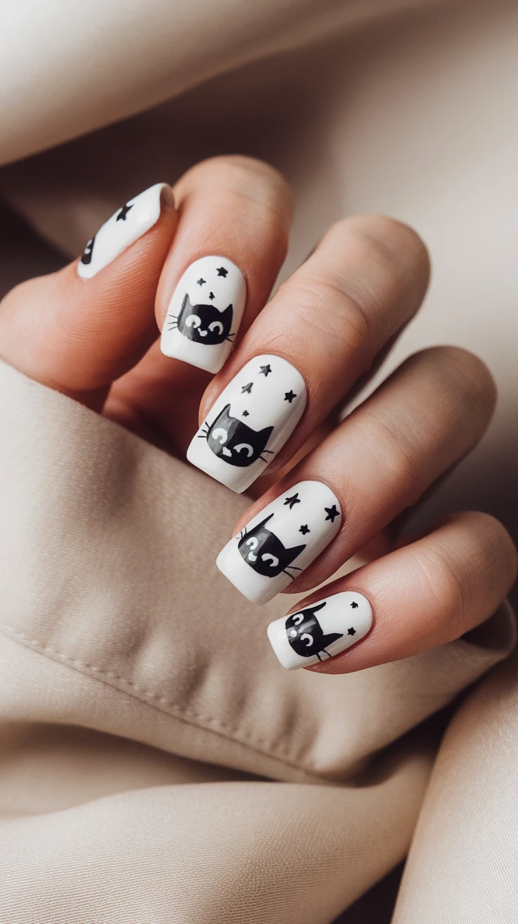 Midnight black Halloween nails with gold cat eyes