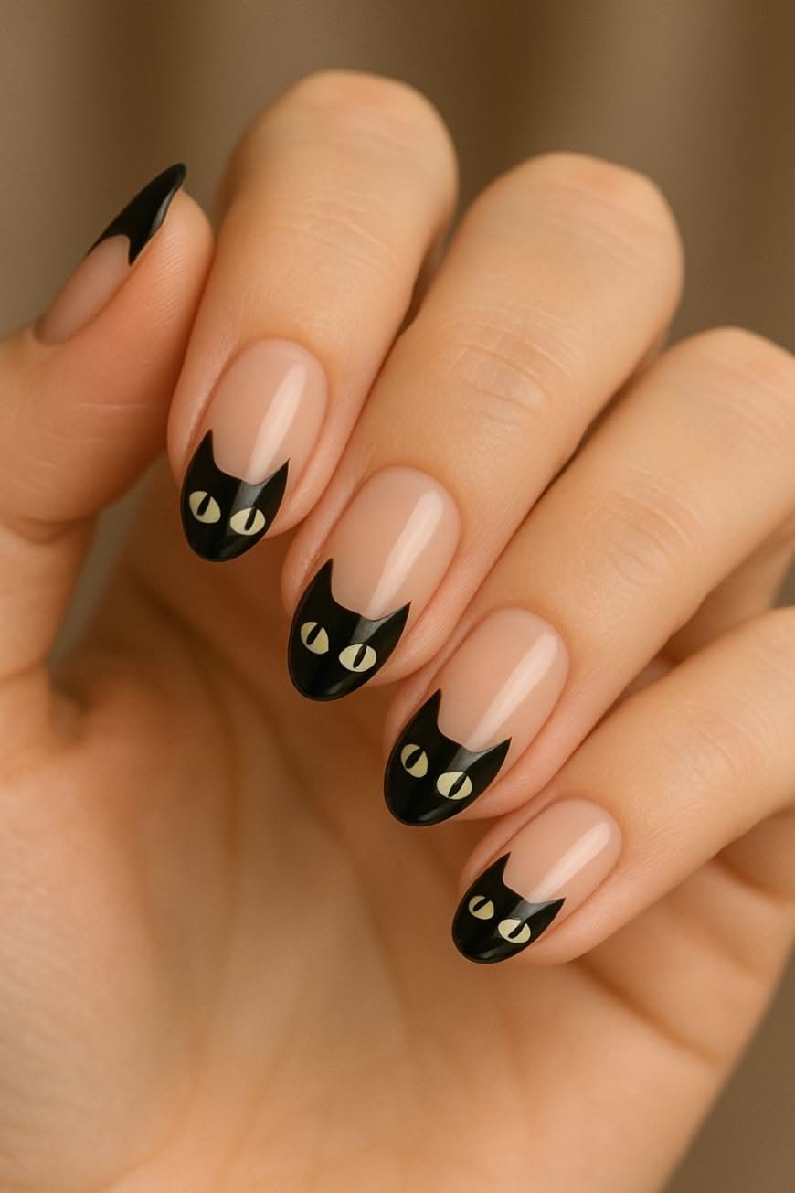 Cute cartoon black kitten Halloween nail art with bows