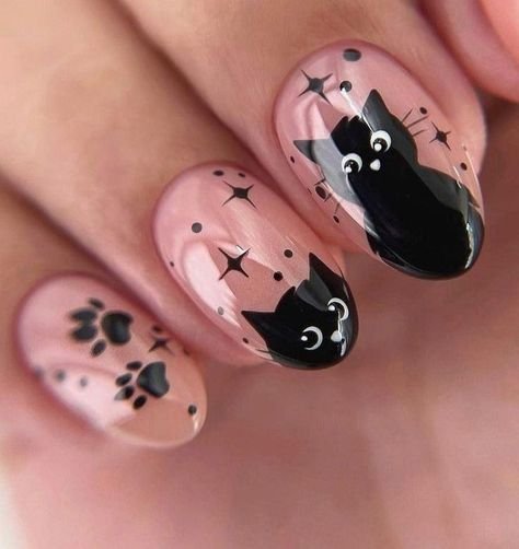 Matte black nails with glossy black cat silhouettes