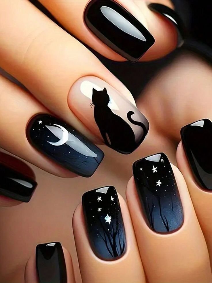Black cat and pumpkin Halloween nail art