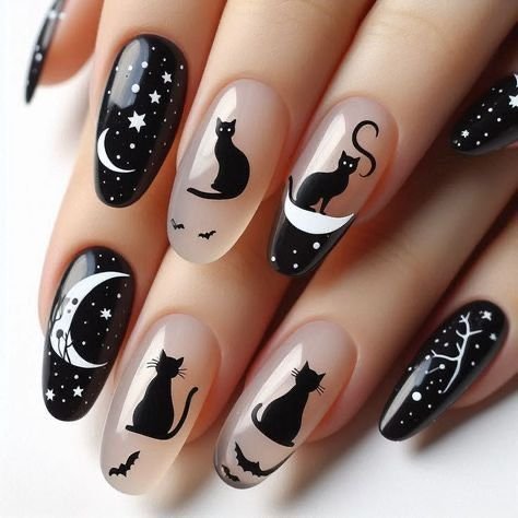 Watercolor black cat Halloween nail art on grey