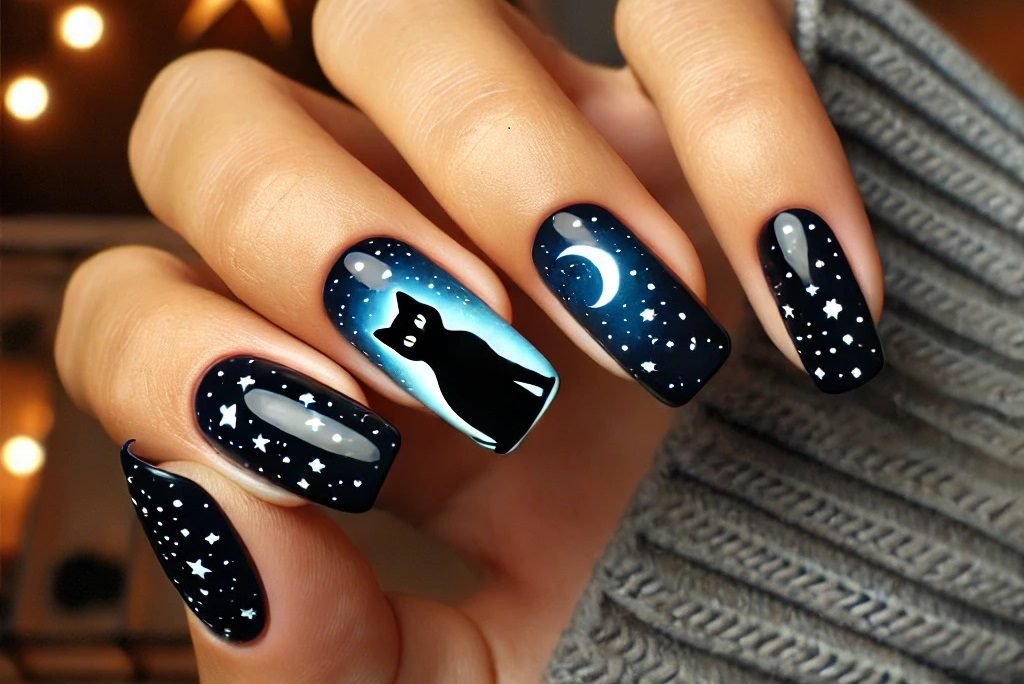 Black cat wearing witch hat Halloween nail art