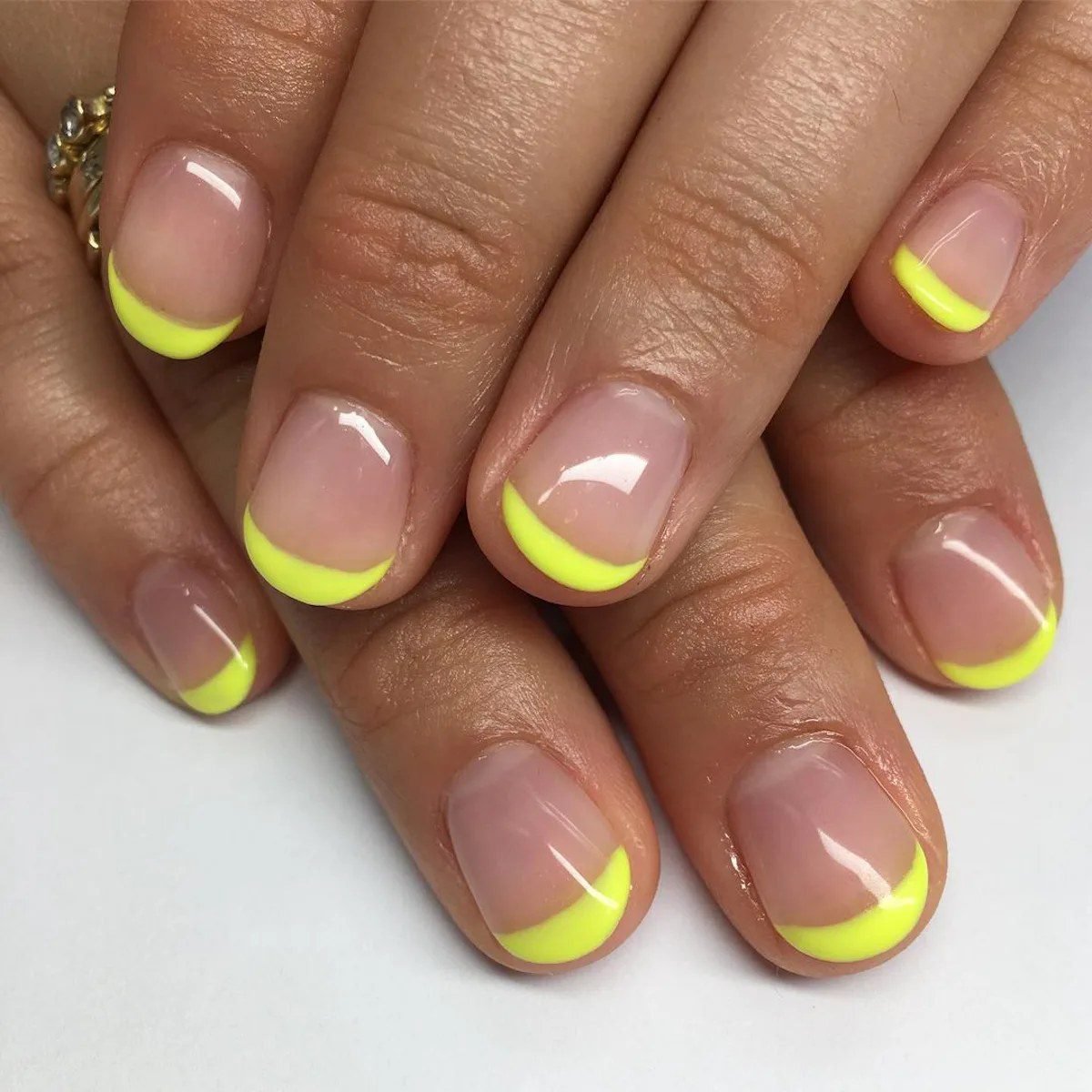 Neon french tip homecoming nails for a short dress
