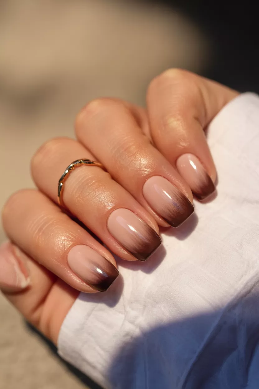 Nude to brown ombré on short nails