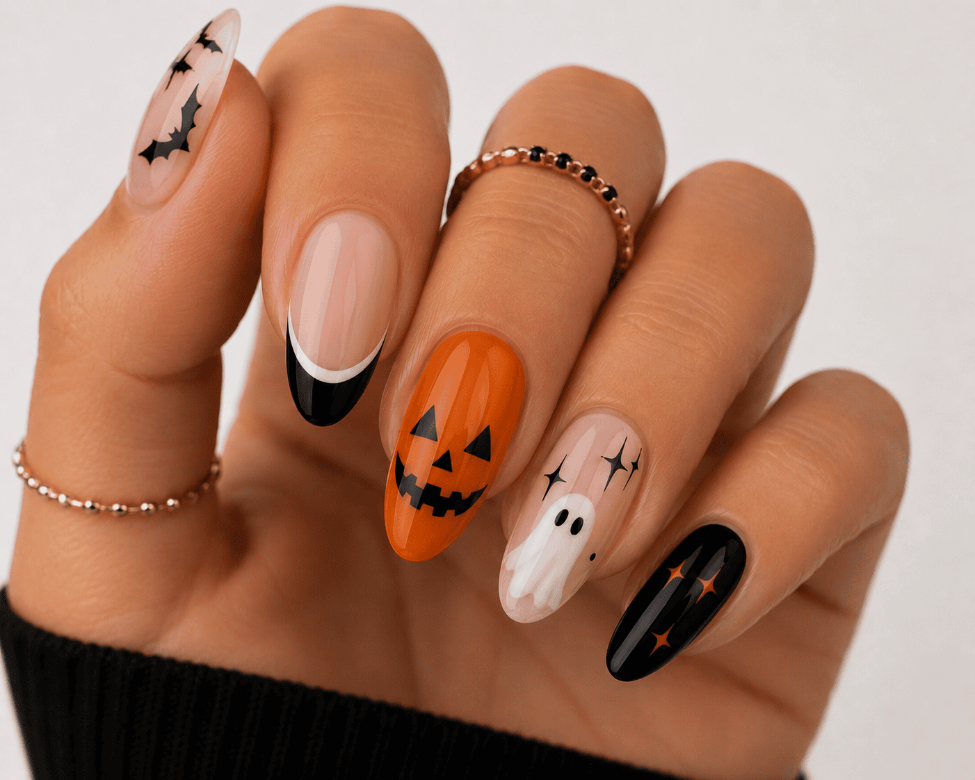 Orange and black color block Halloween nails